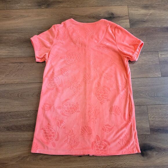 Womens ADONNA Terry cloth Zip Cover Up Robe L Coral Turtle Shells Print Pockets - Picture 6 of 13